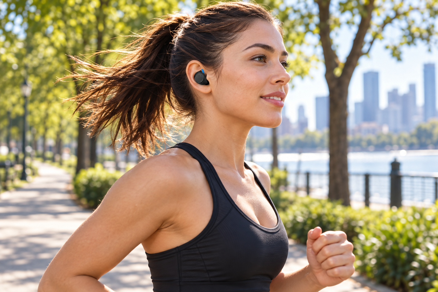Runner wearing low-profile FitLock Aura earbuds outdoors