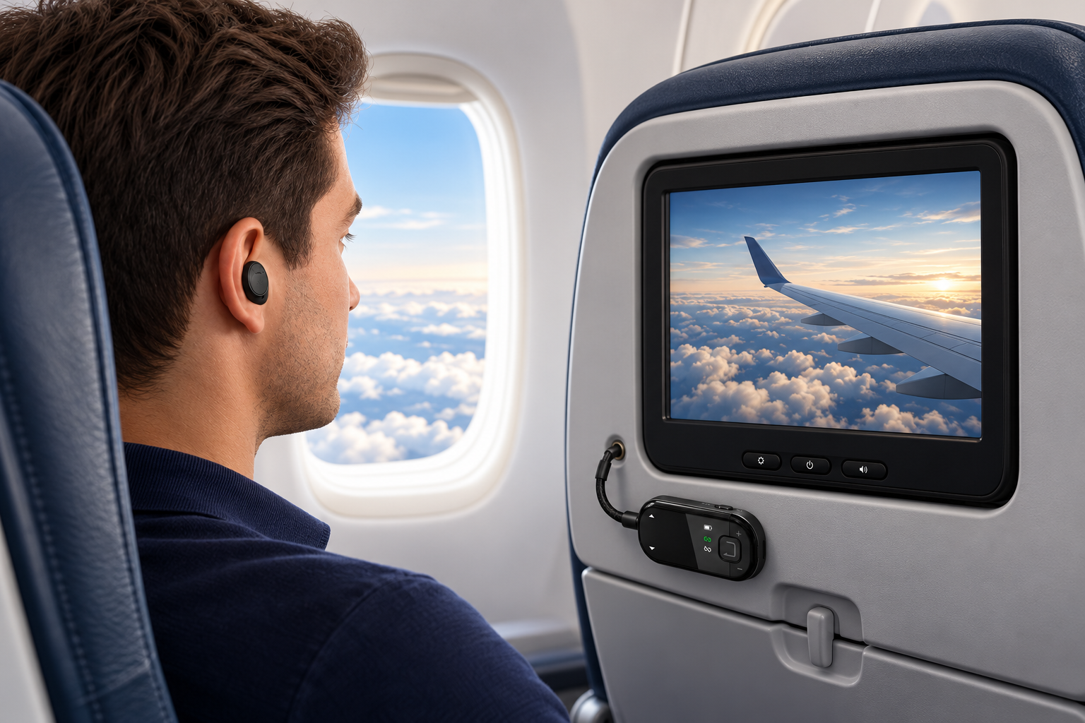 Voyager 228 plugged into an airplane entertainment audio output while FitLock Aura is worn