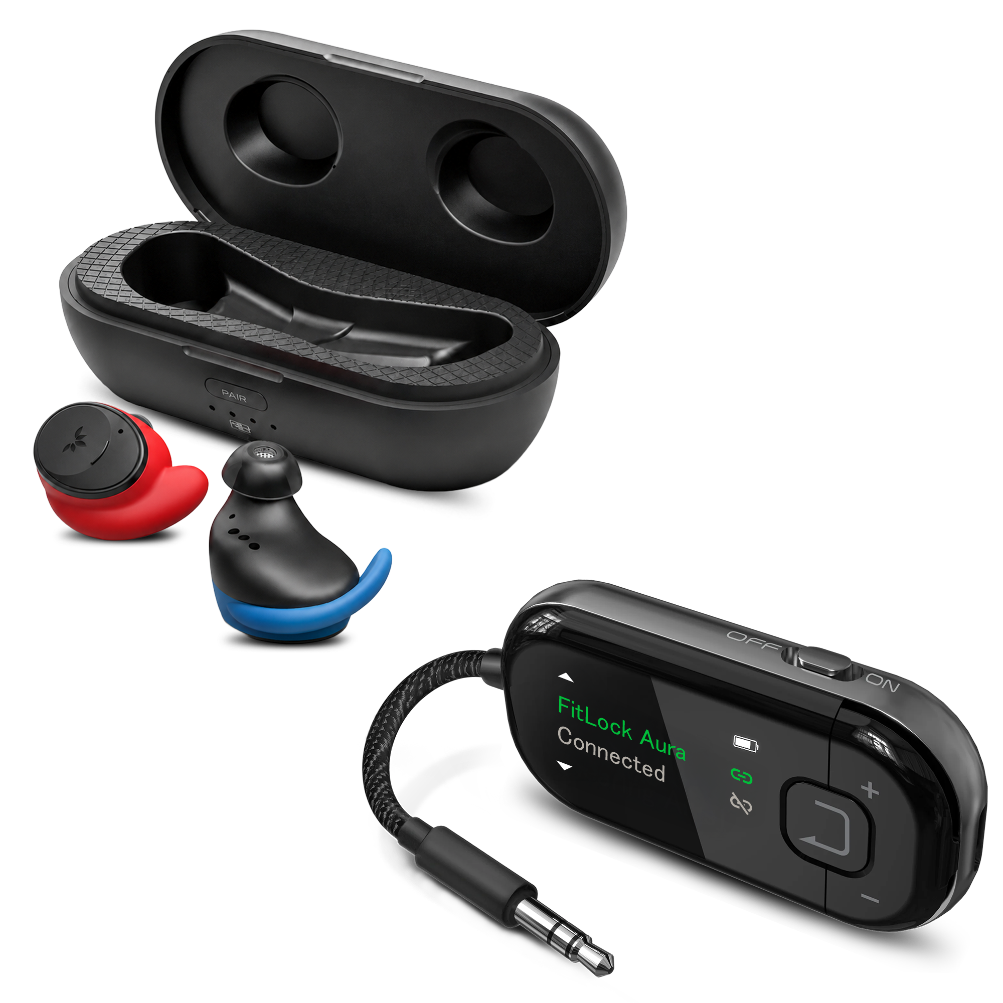 FitLock Aura earbuds, charging case, and Voyager 228 adapter